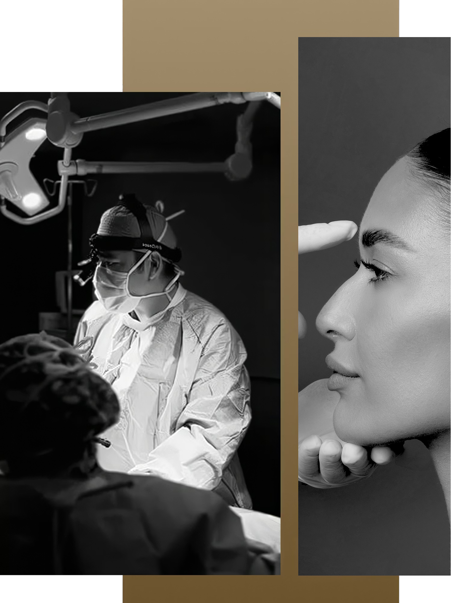 Surgeon performing a procedure under overhead surgical lights in an operating room, shown beside a close-up profile of a woman’s face highlighting her nose.