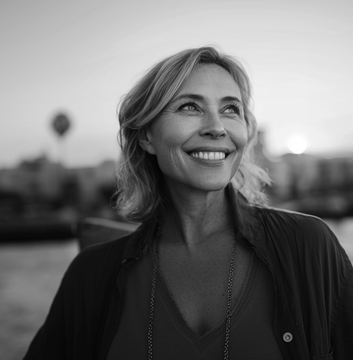 Smiling middle-aged woman outdoors at sunset, looking upward with a refreshed and confident expression.