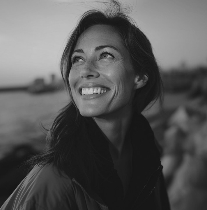 Smiling brunette woman looking upward near the waterfront with buildings softly blurred in the background
