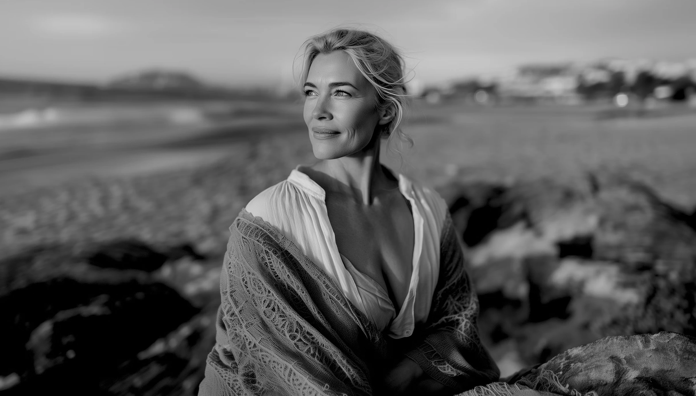 Black and white photo of woman outside