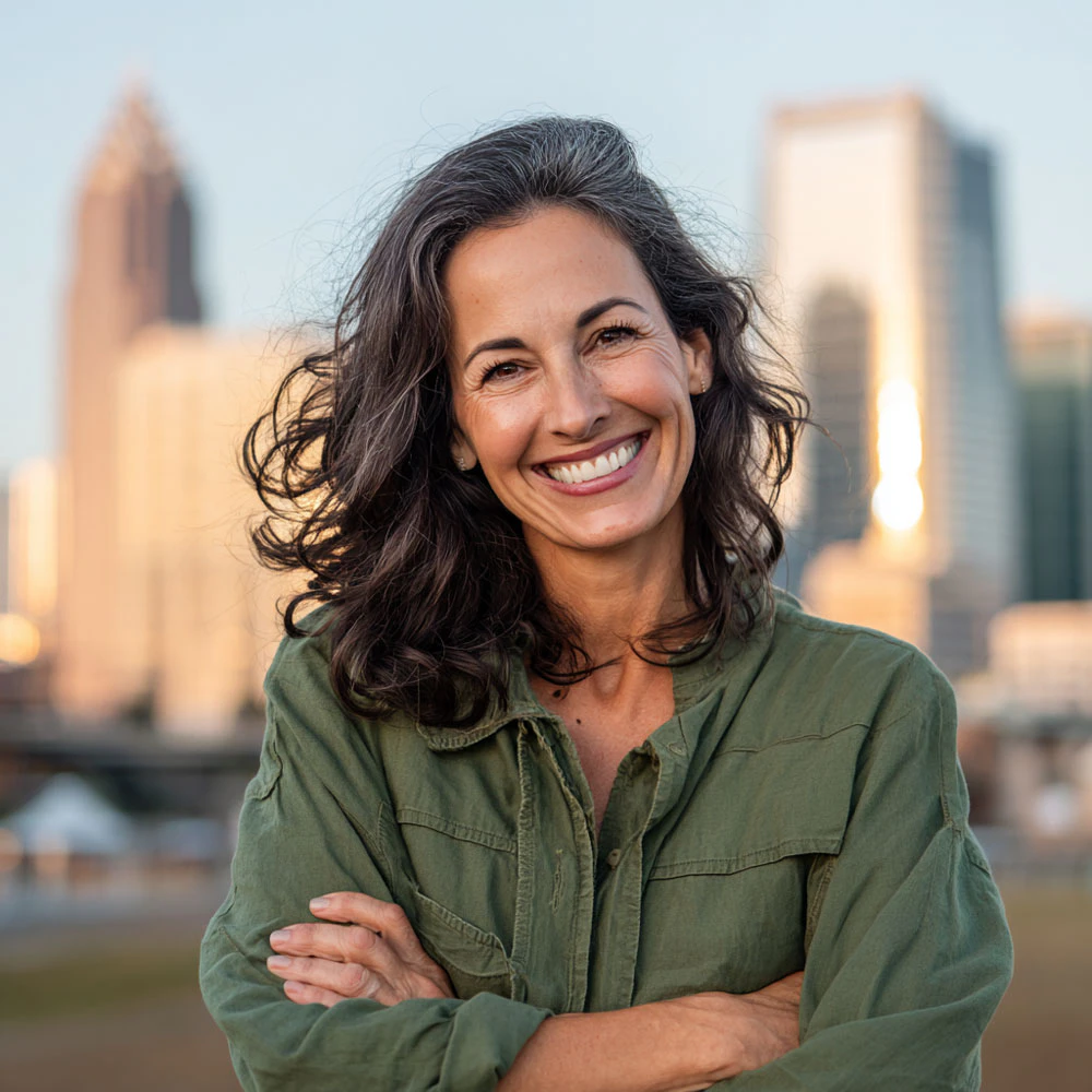 smiling woman in the city