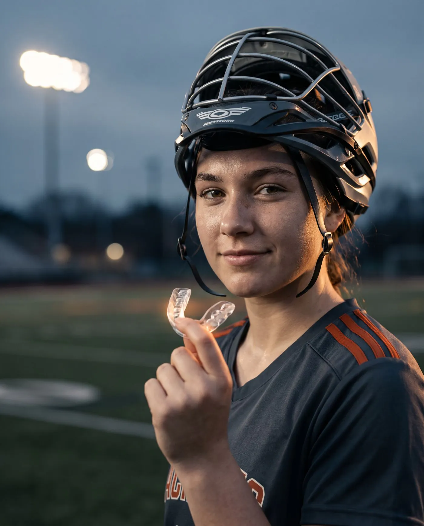 Student athlete holding a custom mouthguard