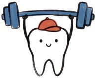 anthropomorphized tooth lifting a barbell illustration