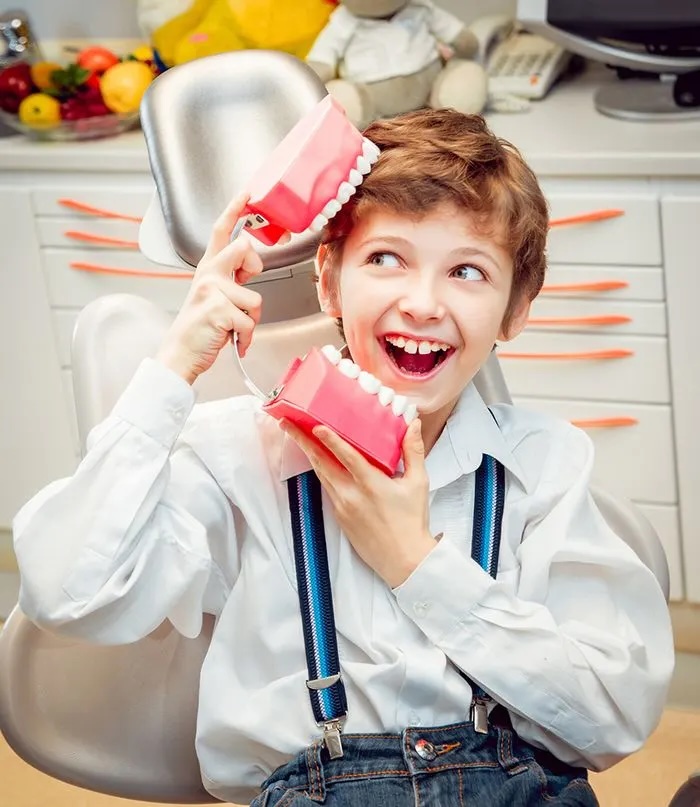 Boy joking with models of teeth